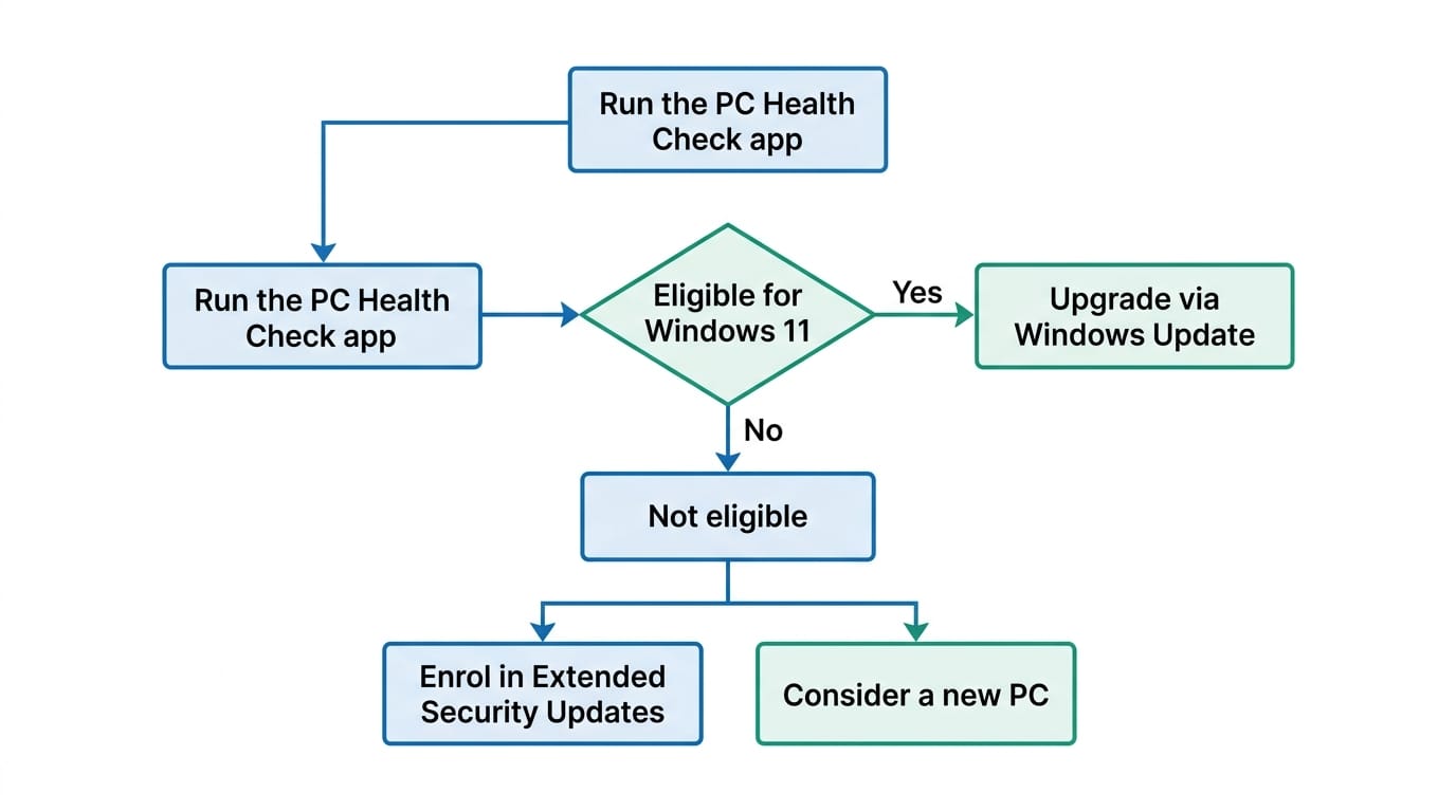 Decision flow diagram showing the path from checking Windows 11 eligibility through to upgrading, enrolling in Extended Security Updates, or choosing a new PC.