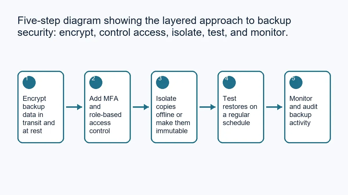 Five-step diagram showing the layered approach to backup security: encrypt, control access, isolate, test, and monitor.