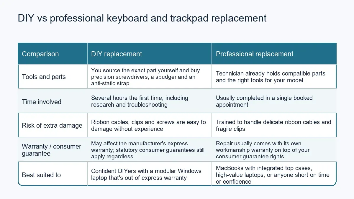 Comparison diagram of DIY versus professional laptop keyboard and trackpad replacement across tools, time, risk, warranty and best-fit scenario.