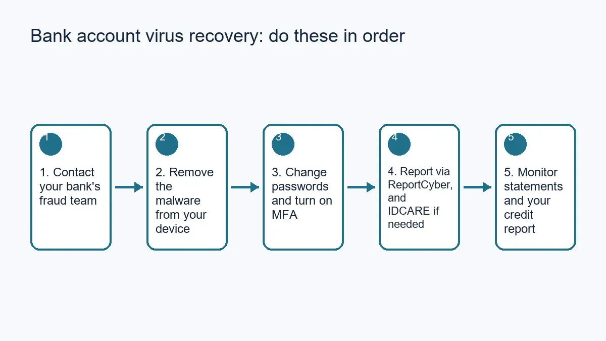 Five-step flow diagram showing the order to follow after a bank account virus breach: contact your bank, remove the malware, change passwords and enable MFA, report the incident, then monitor your statements.