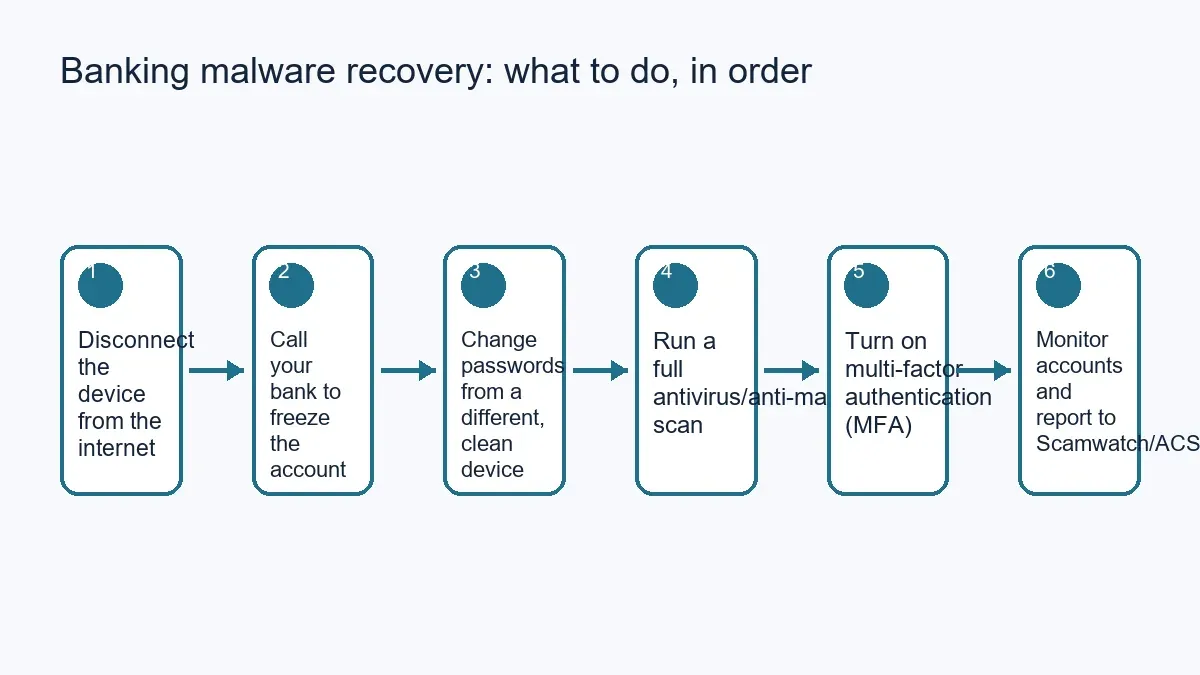 Six-step flow diagram showing the correct order for banking malware recovery: disconnect the device, call your bank, change passwords from a clean device, run a full antivirus scan, turn on MFA, then monitor and report the incident.