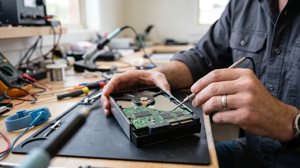 A technician's hands closely inspecting an open hard drive's circuit board on a workbench.