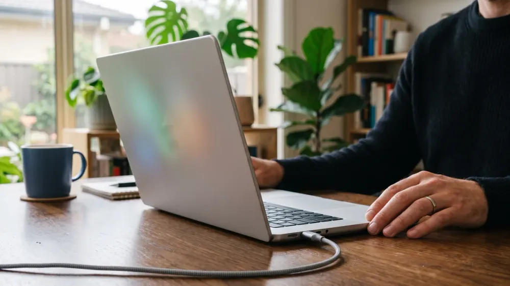 Close-up of a laptop charging cable plugged into the side of a laptop, with the device sitting on a desk