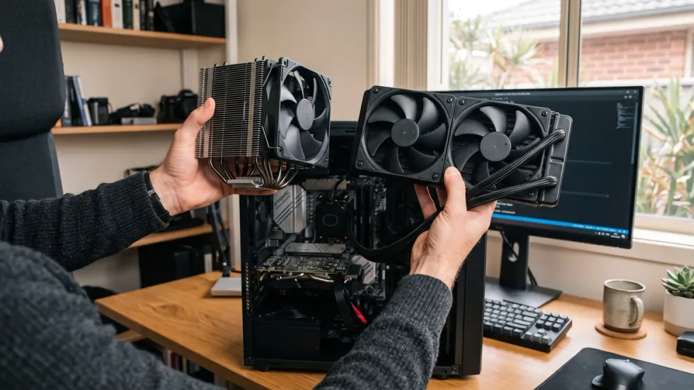 A tower-style air CPU cooler and an AIO liquid cooler radiator held side by side above an open PC case, comparing the two cooling types.