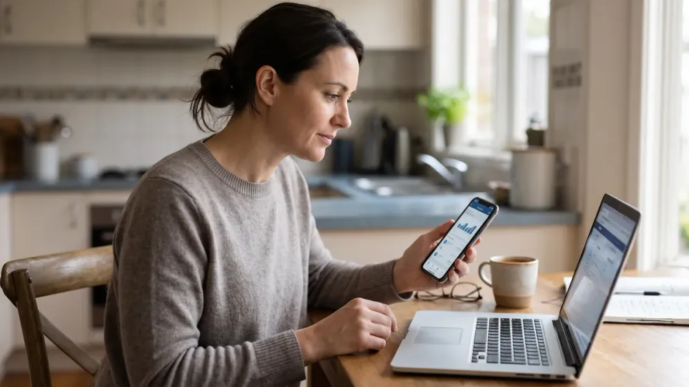 Person checking a banking app on a smartphone next to a laptop at home after securing their device from a virus.