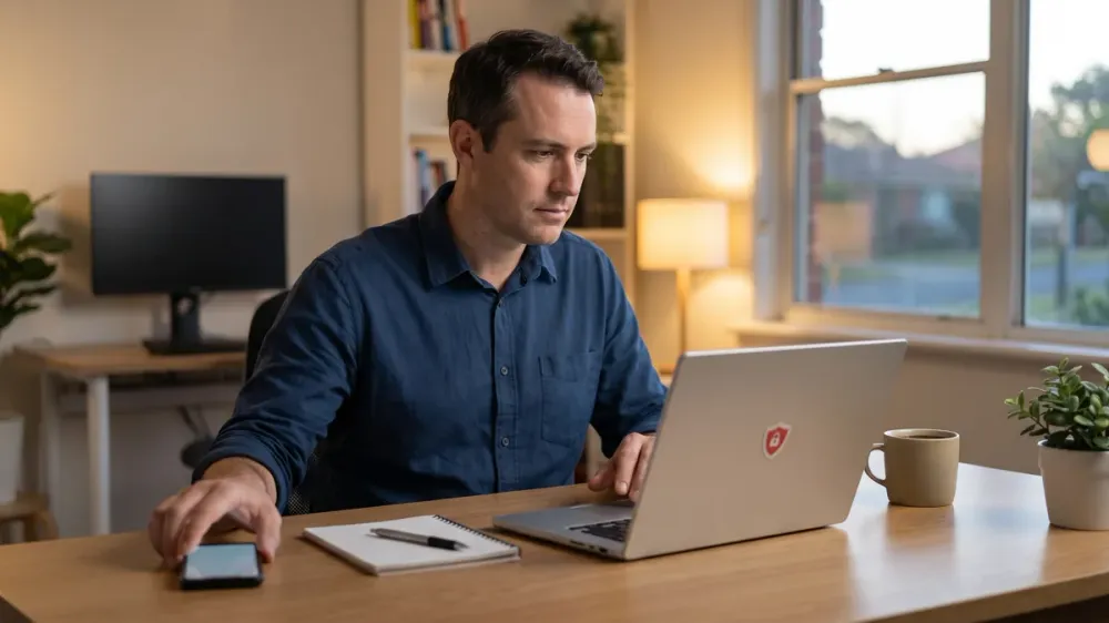 A person at a home desk reaching for their phone while looking at a security alert on their laptop, representing the moment of responding to suspected banking malware.
