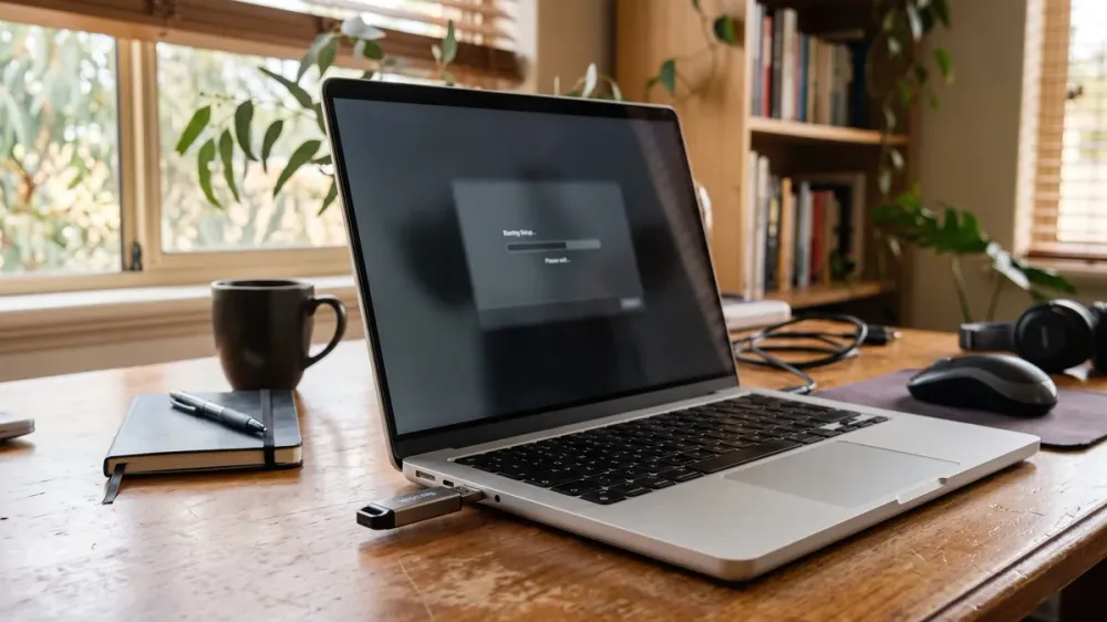 A USB flash drive plugged into a laptop during a Windows reinstallation.