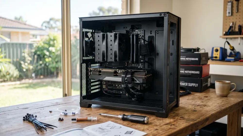 Open PC case on a desk mid-build, with a graphics card installed and cables being routed