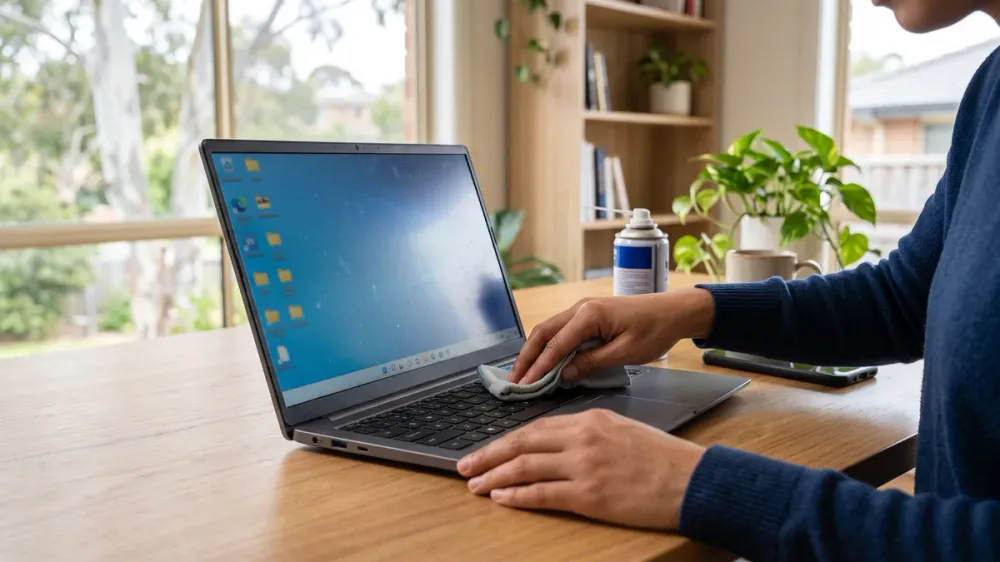 A Windows laptop on a home desk being checked for common issues like slow performance, overheating and charging problems.