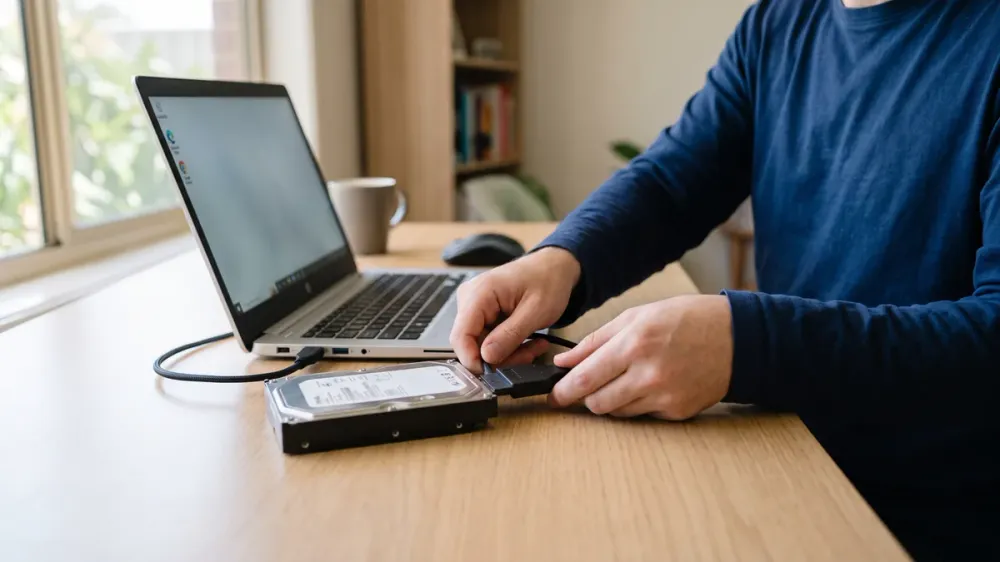 Hands connecting a desktop hard drive to a laptop with a USB-to-SATA adapter cable on a home desk
