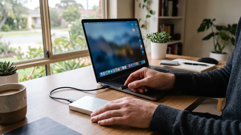 A person connecting a small external hard drive to a laptop to check why it isn't working.