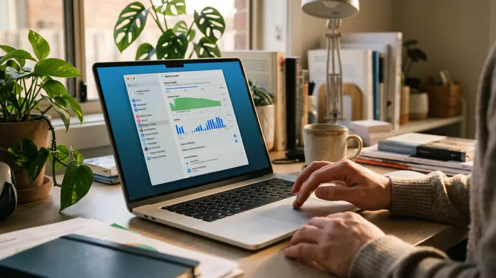 Laptop open on a desk showing its battery and power settings screen, in a home-office setting.
