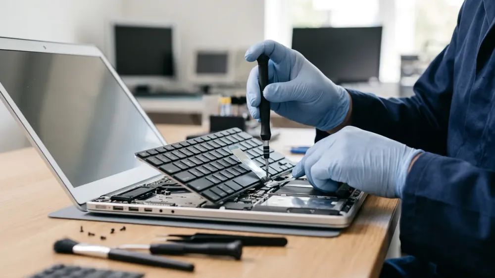 A technician's hands carefully replacing a laptop keyboard module on an open laptop base with a small screwdriver.