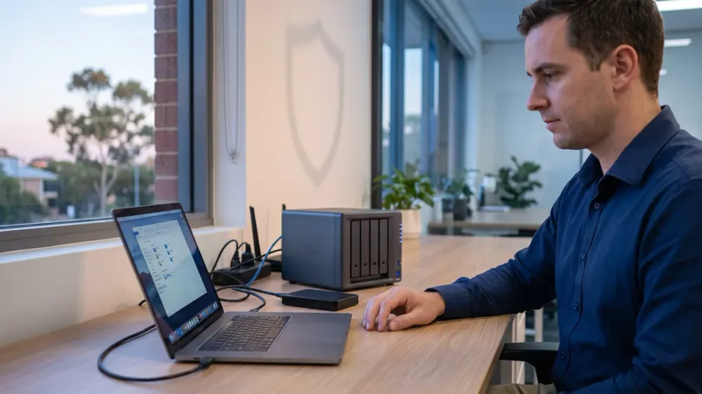 External backup drive and small office server connected to a laptop, representing secure business backup storage.
