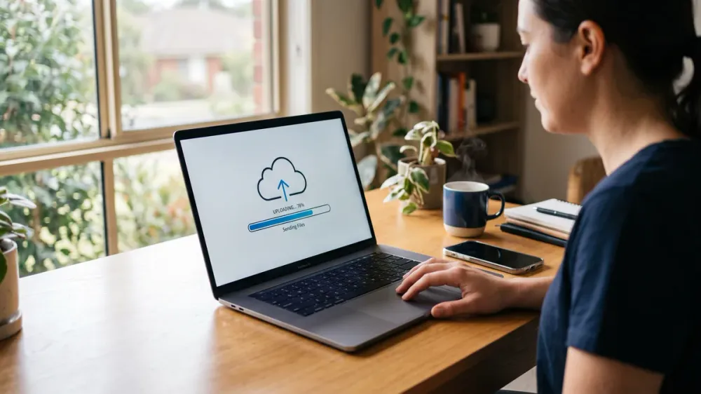 A laptop on a home office desk showing a large file uploading to cloud storage before being shared by email.