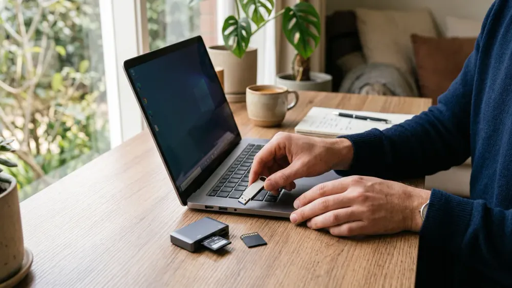 Hands connecting a USB flash drive to a laptop next to an SD card and a card reader on a desk.