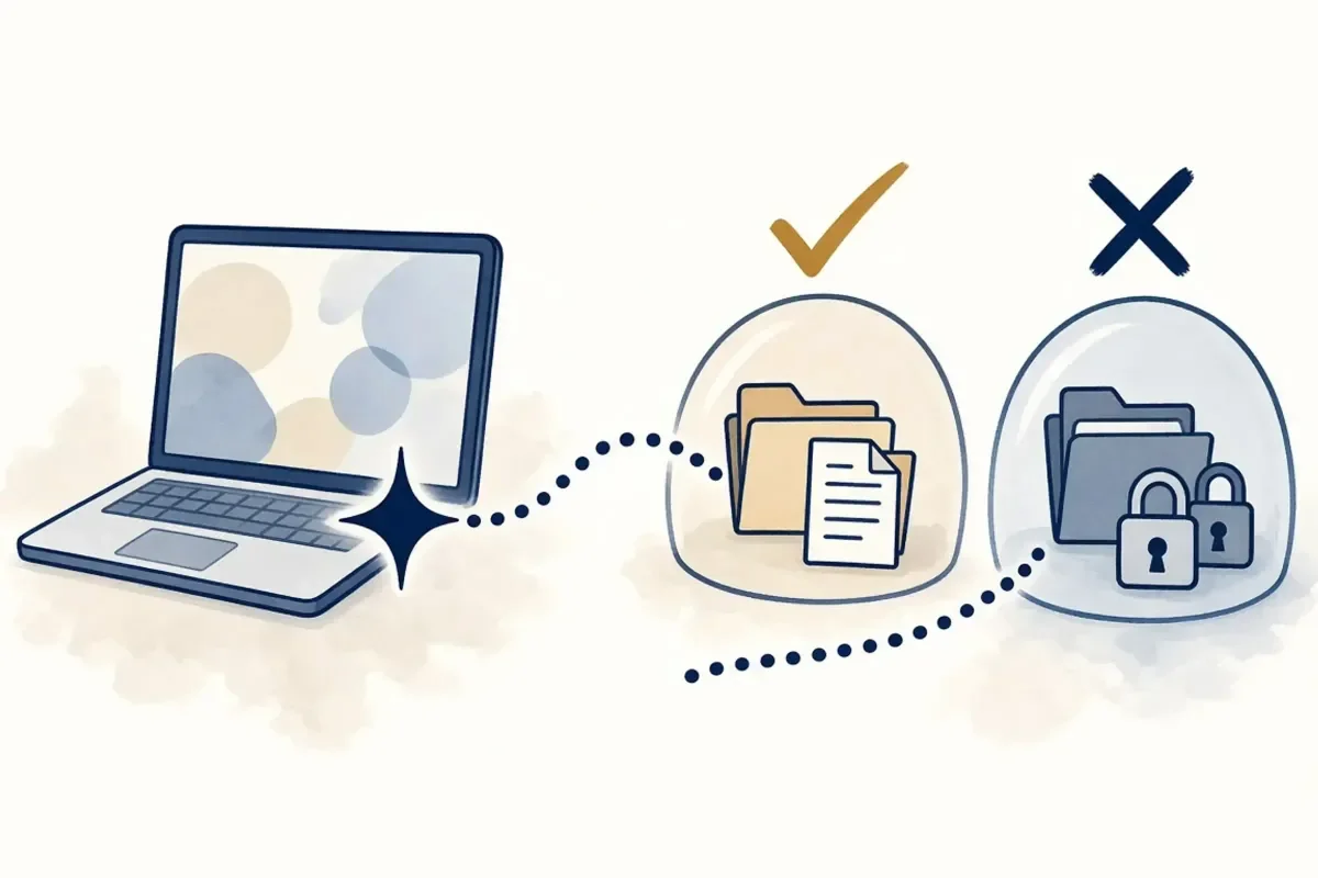 Laptop and spark helper with dotted paths to two domes: allowed open folders with an amber tick, and locked padlocked folders with a navy cross