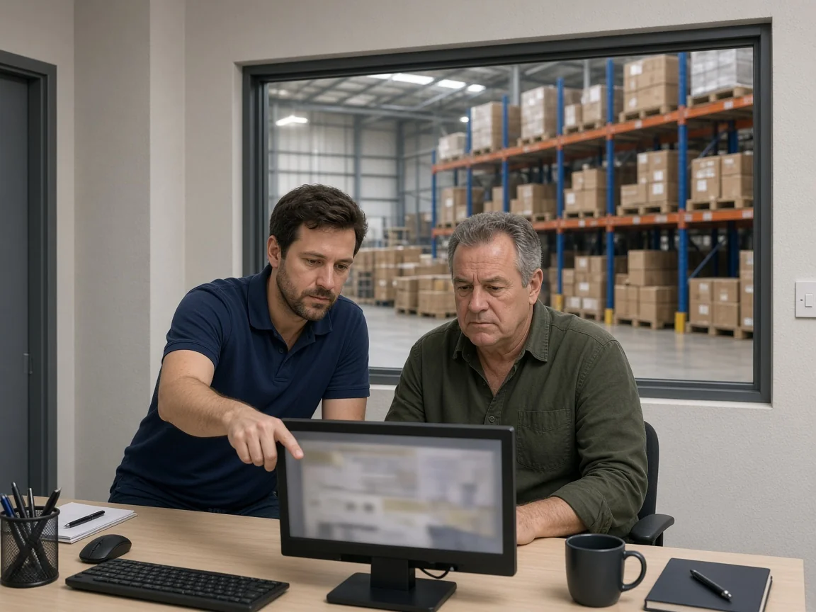 Technician and a business owner at the office computer beside their warehouse