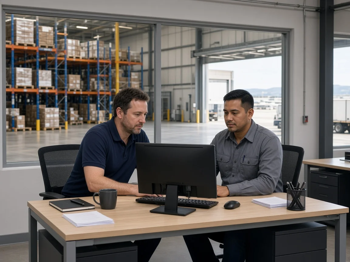 Technician working with an operations coordinator in a warehouse office