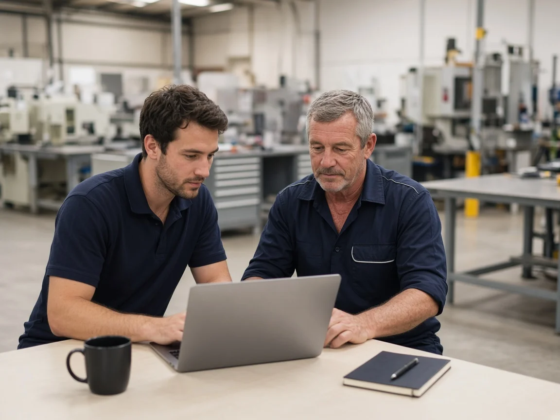 Technician and a workshop owner at a laptop beside the workshop floor
