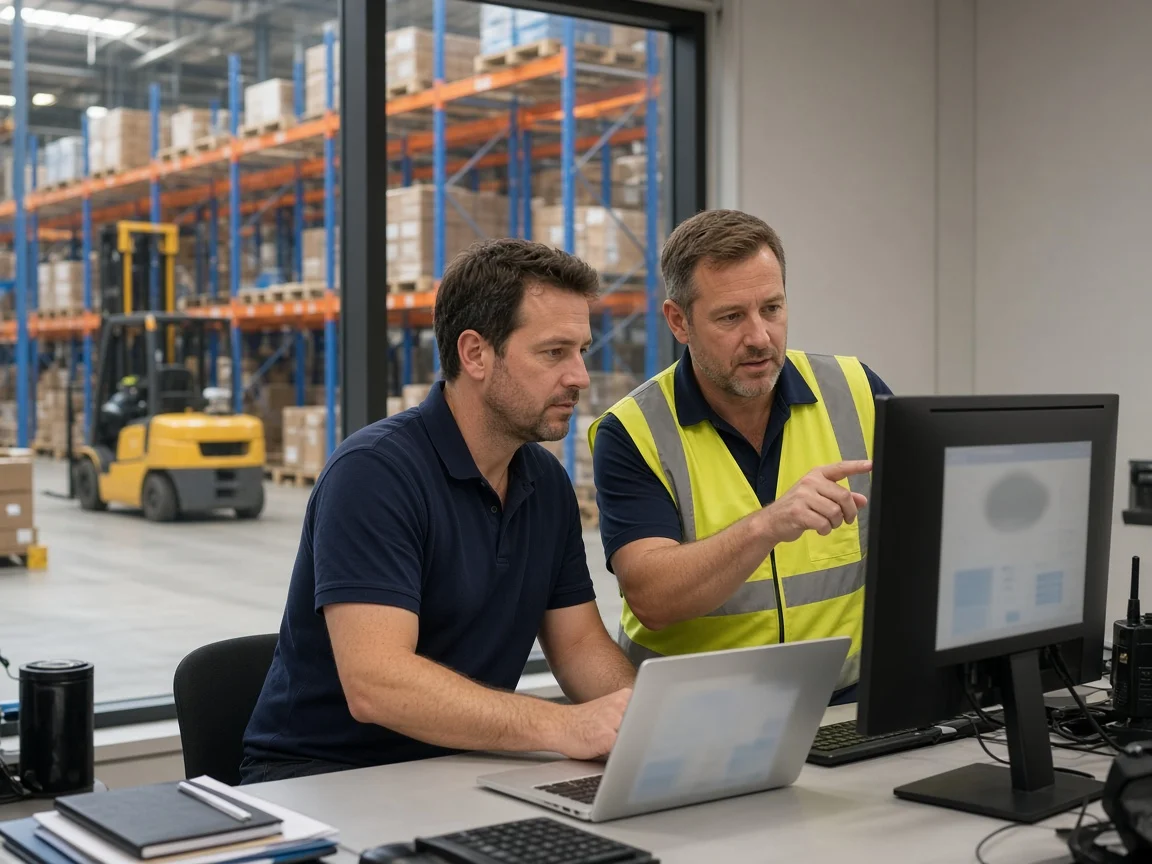 Technician working with a logistics manager in a distribution centre office