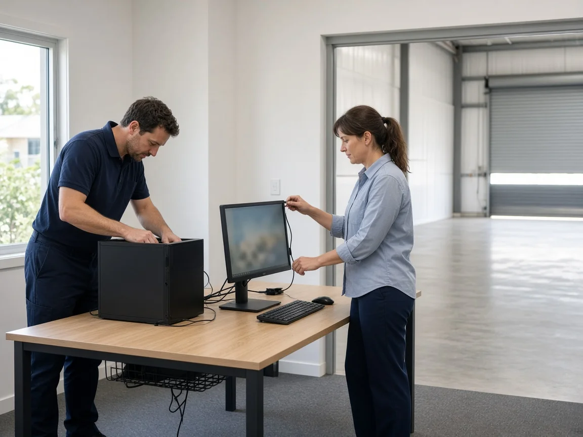 Technician setting up new computers with a business owner in a new warehouse office