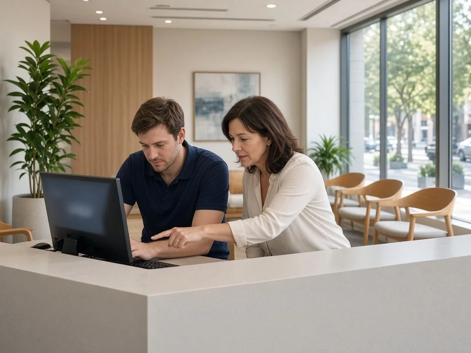 Technician setting up the reception computer with a clinic's practice manager