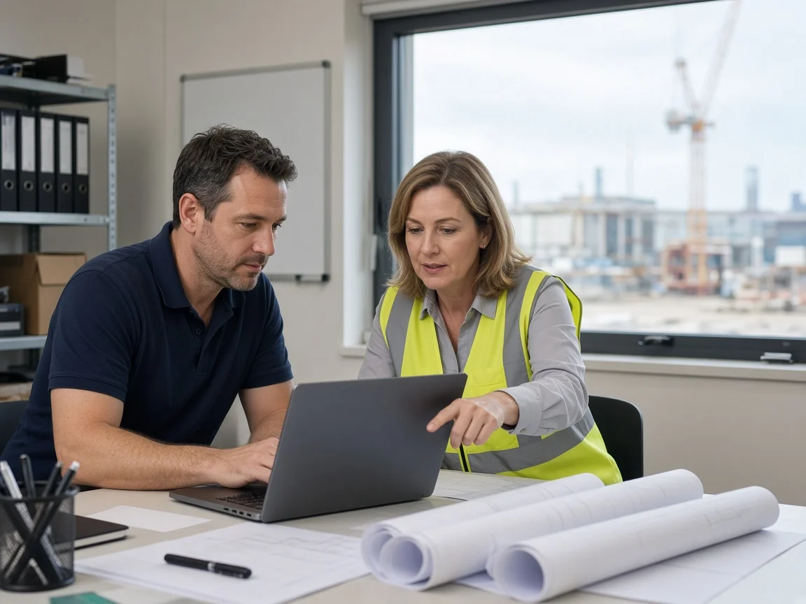Technician helping a project manager with her laptop in a contractor's site office