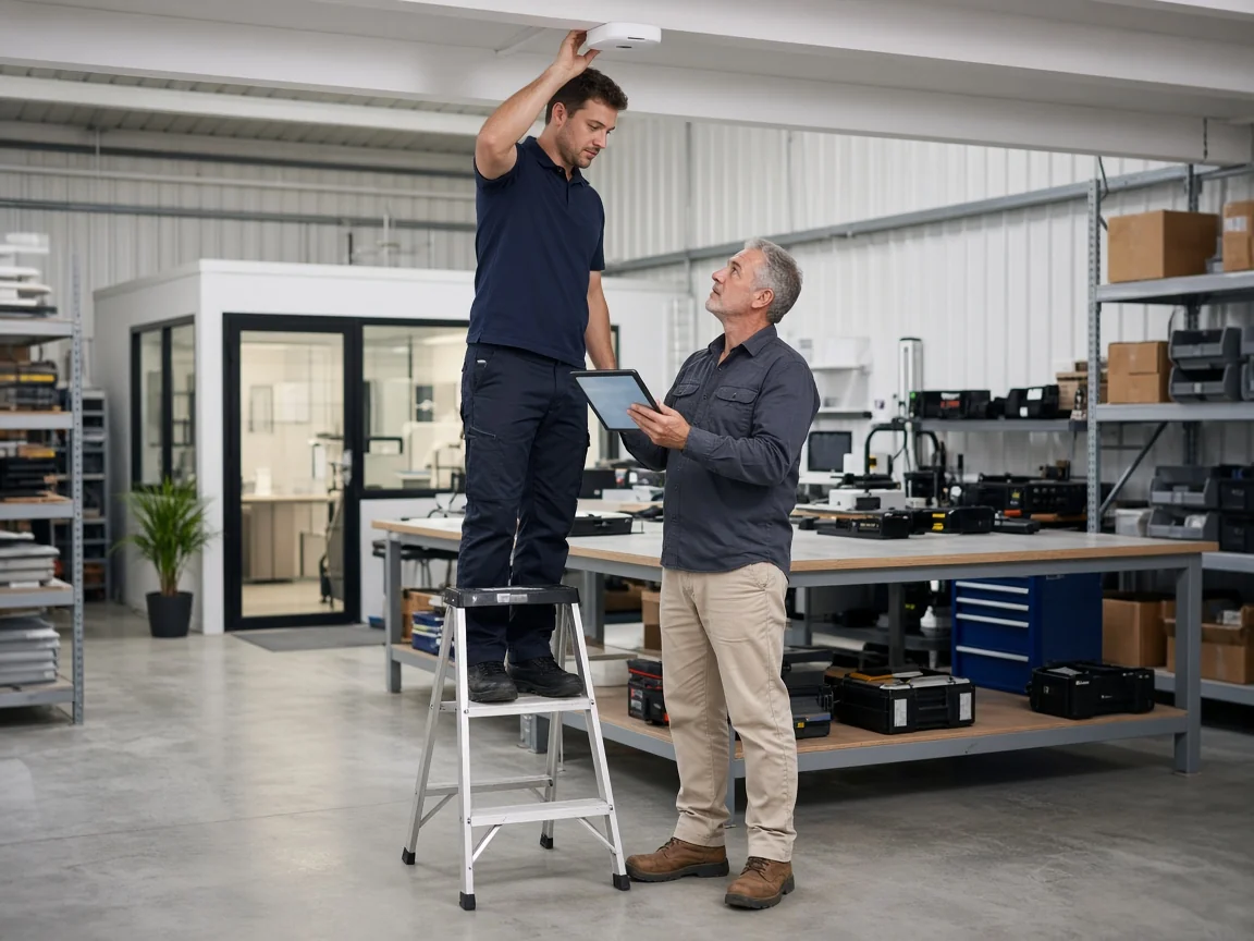 Technician adjusting a Wi-Fi access point while a business owner checks the signal on his tablet