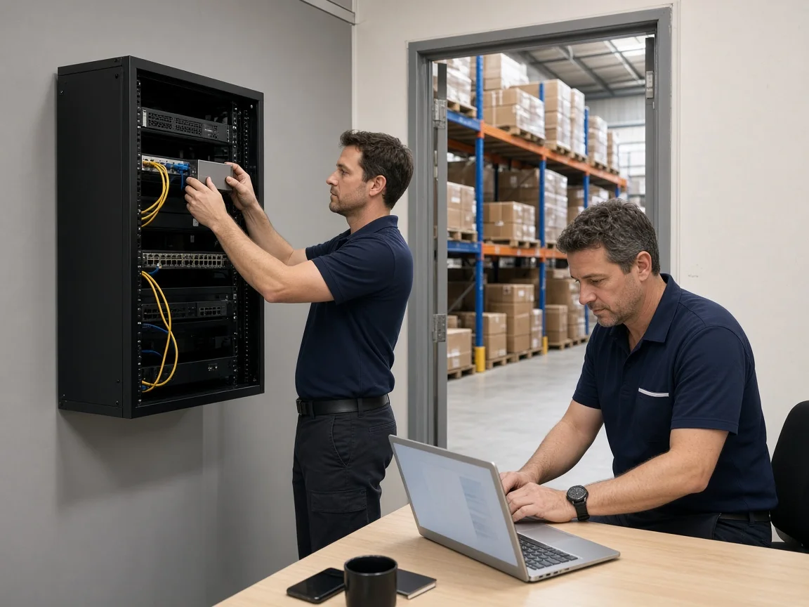 Technician installing network equipment while a business owner sets up his new laptop