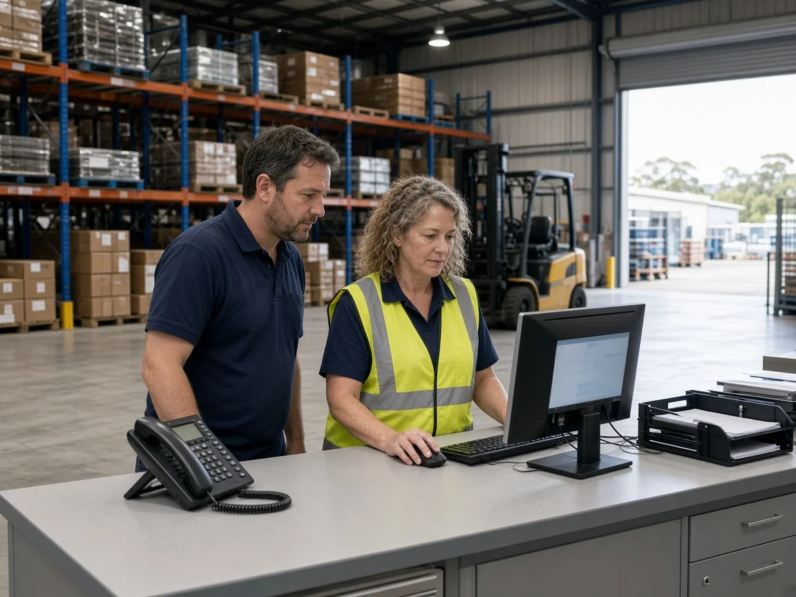 Technician helping a warehouse manager at the dispatch desk computer