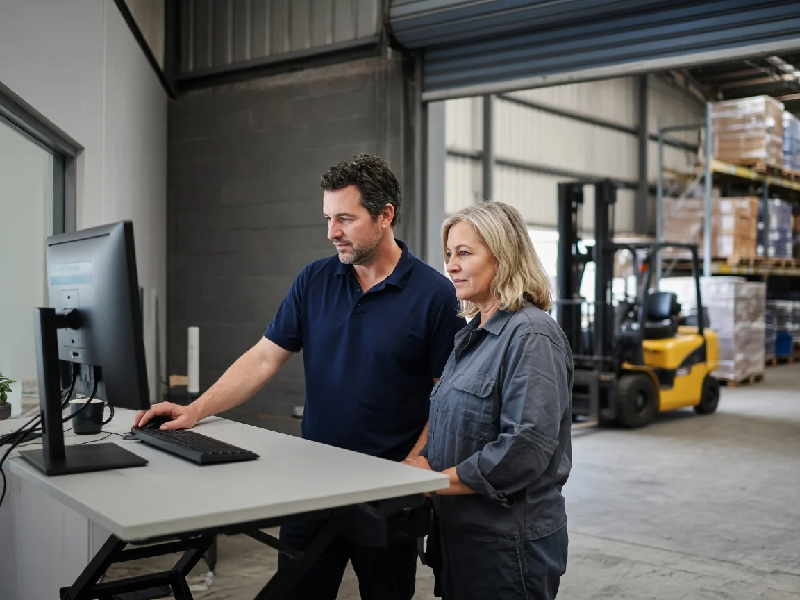 Technician helping a business owner at the office computer in her workshop