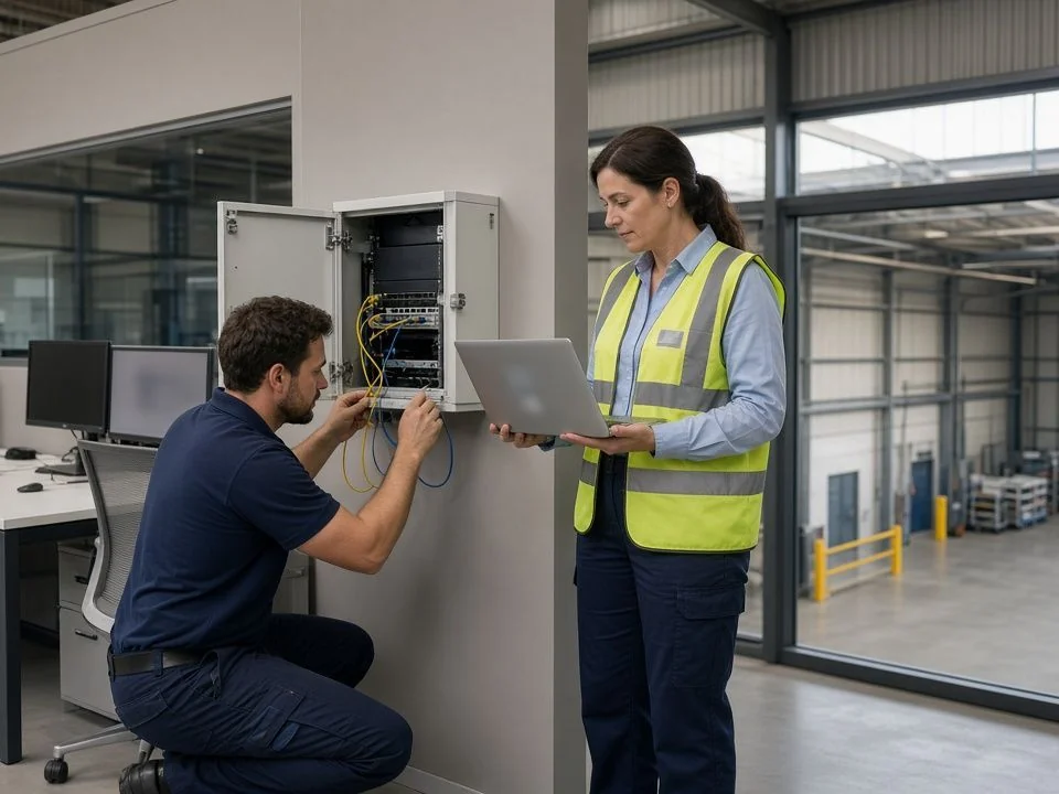 Technician connecting the network in a new industrial unit while the site manager checks her laptop