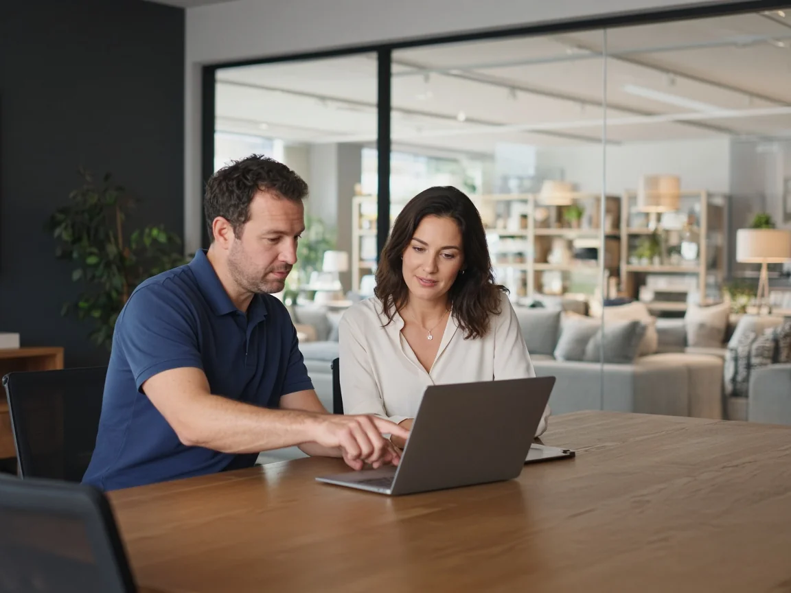 Technician helping a showroom manager with her laptop in the office behind the showroom