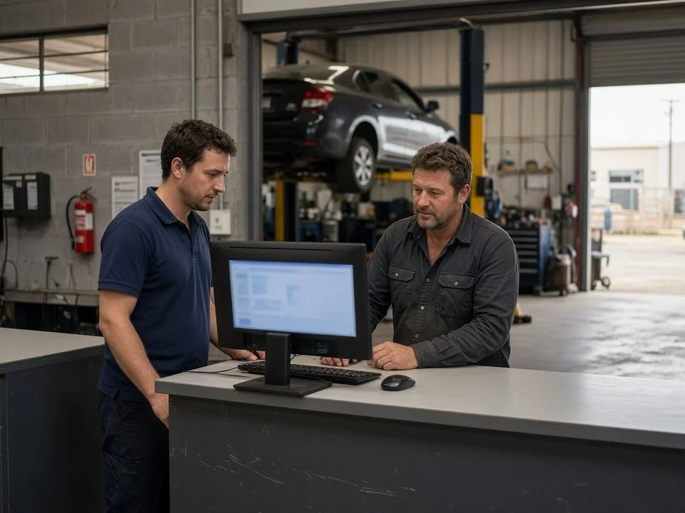 Technician setting up a new counter computer with a workshop owner