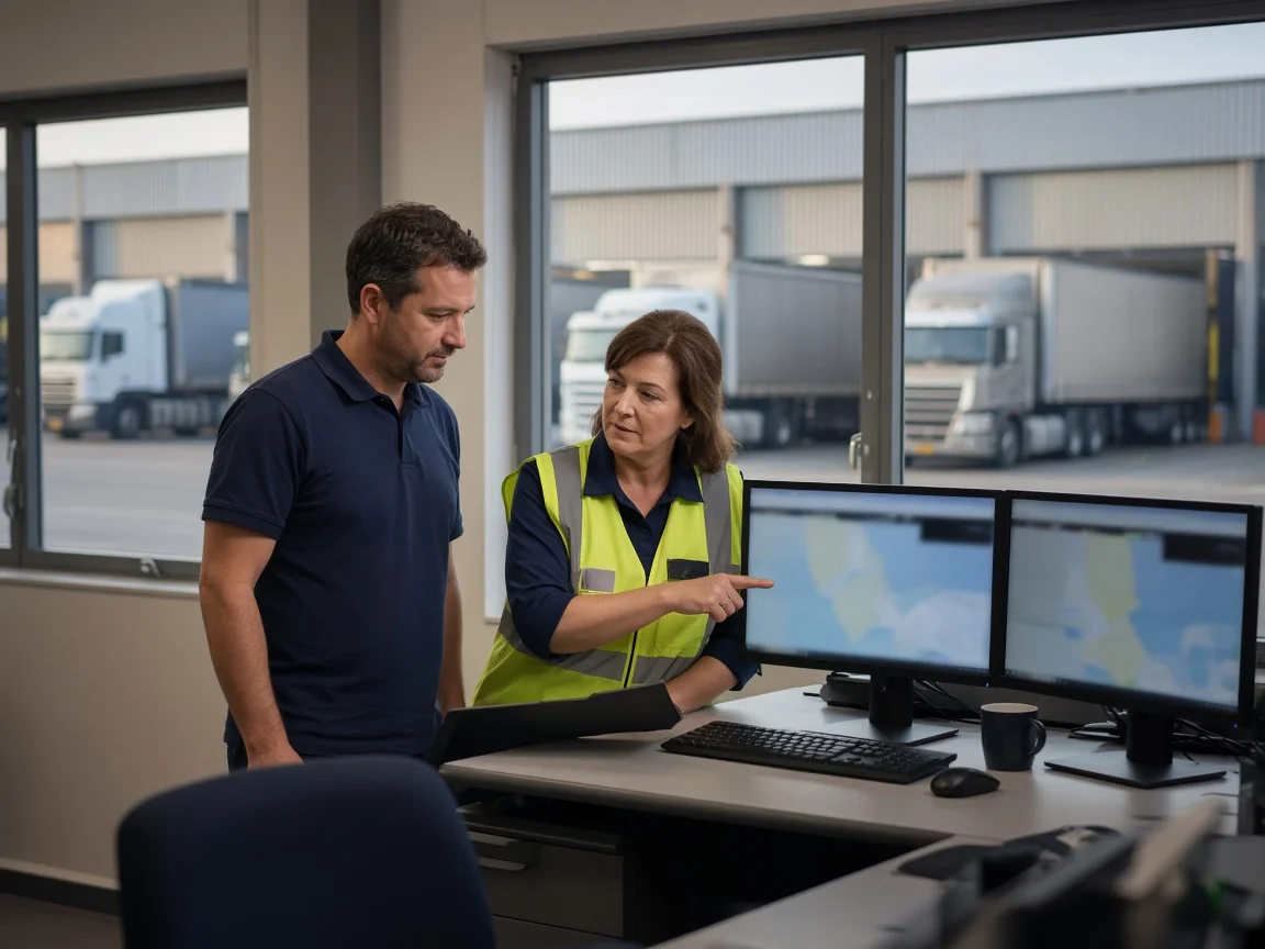 Technician helping a dispatcher at her computer in a transport depot office