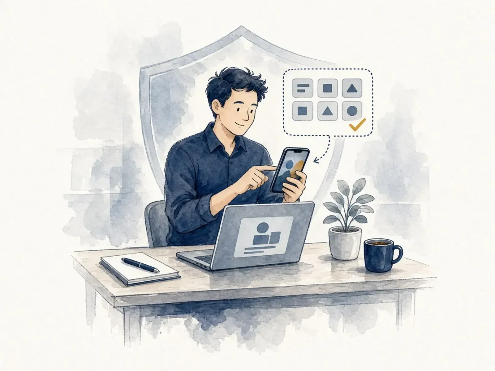 Person approving a sign-in on their phone beside a code callout and tick, with a laptop waiting to sign in