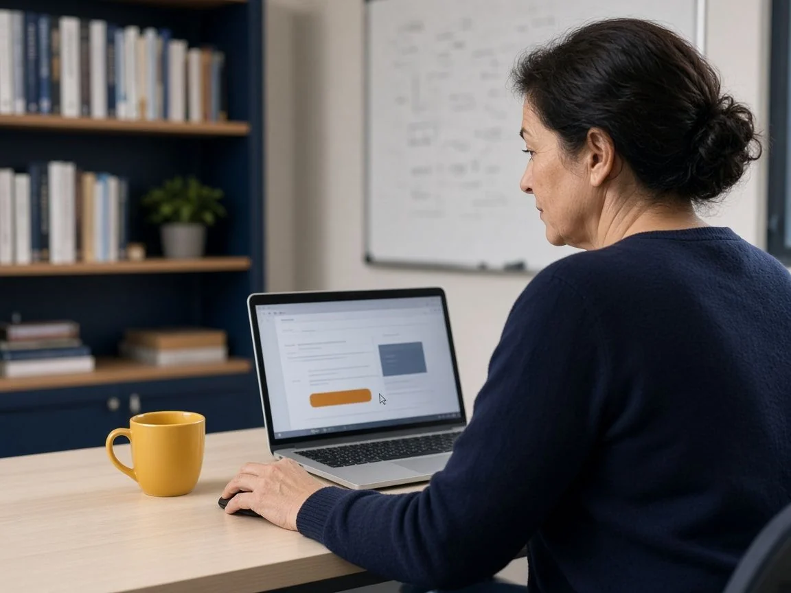 Office administrator pausing sceptically before clicking a link in an email