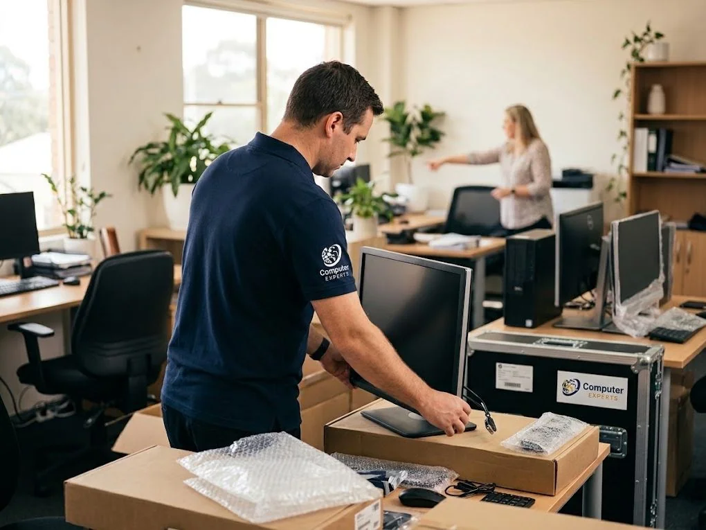 Technician unboxing a new monitor while new computers are set up across the office