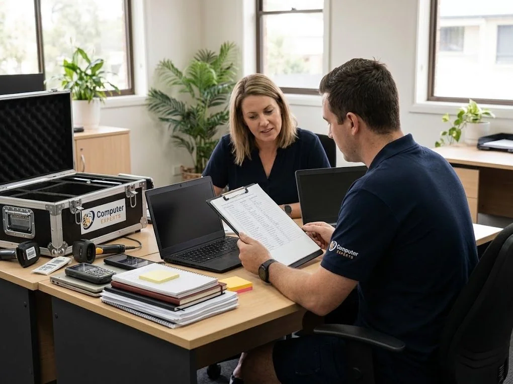 Technician and business owner going through an equipment register, with barcode scanners and devices on the desk