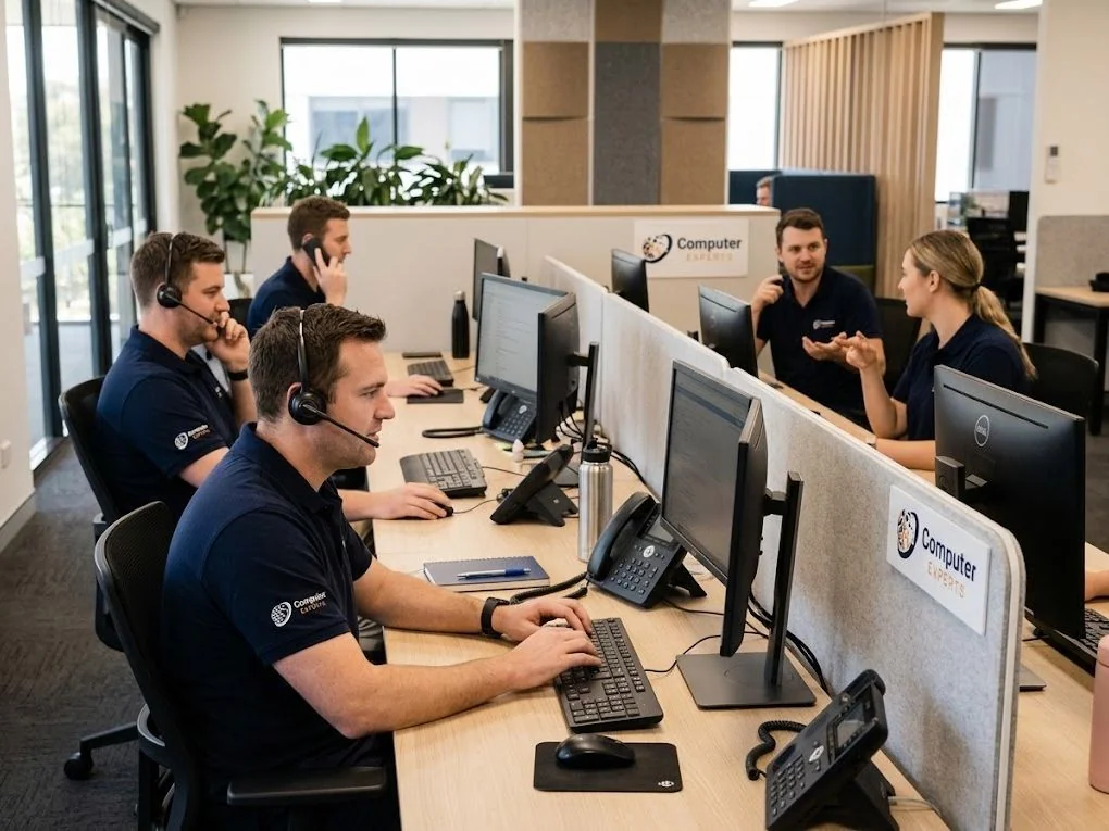 IT support team on headsets helping customers resolve computer problems remotely