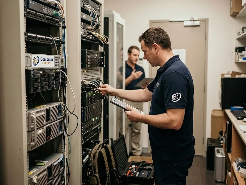 Technician checking server equipment and cabling while a colleague reviews notes on a tablet