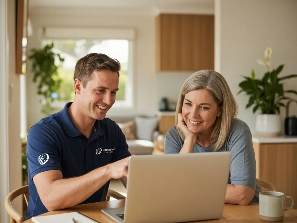 Technician explaining a newly fixed desktop computer to a homeowner in his hallway study