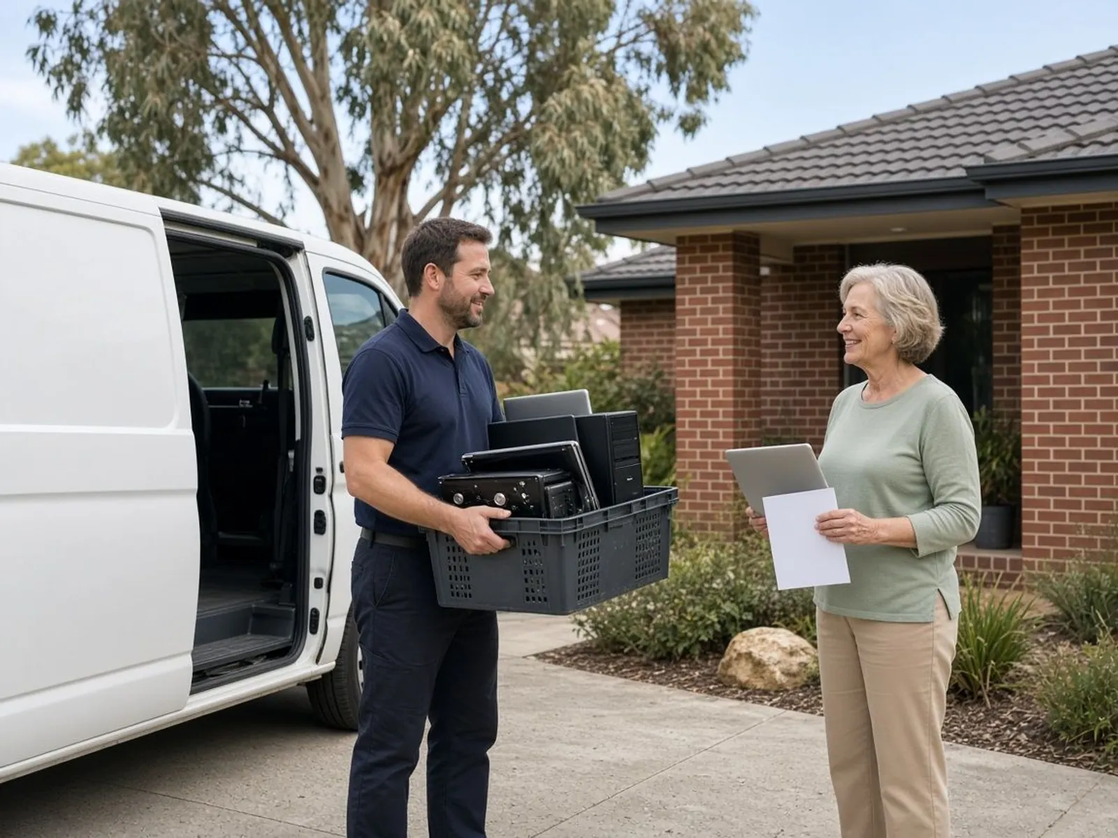 Technician carrying a crate of old computers and drives to a van while the homeowner holds her certificate