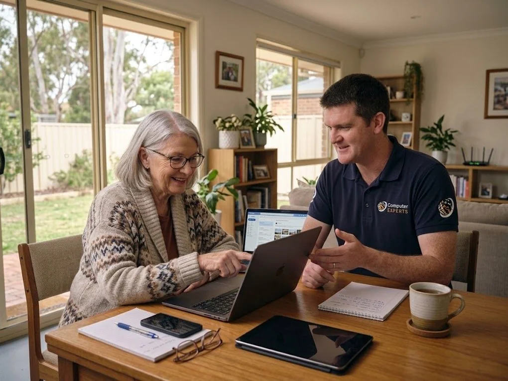 Technician sitting beside an older adult at a home desk, explaining something on a laptop screen