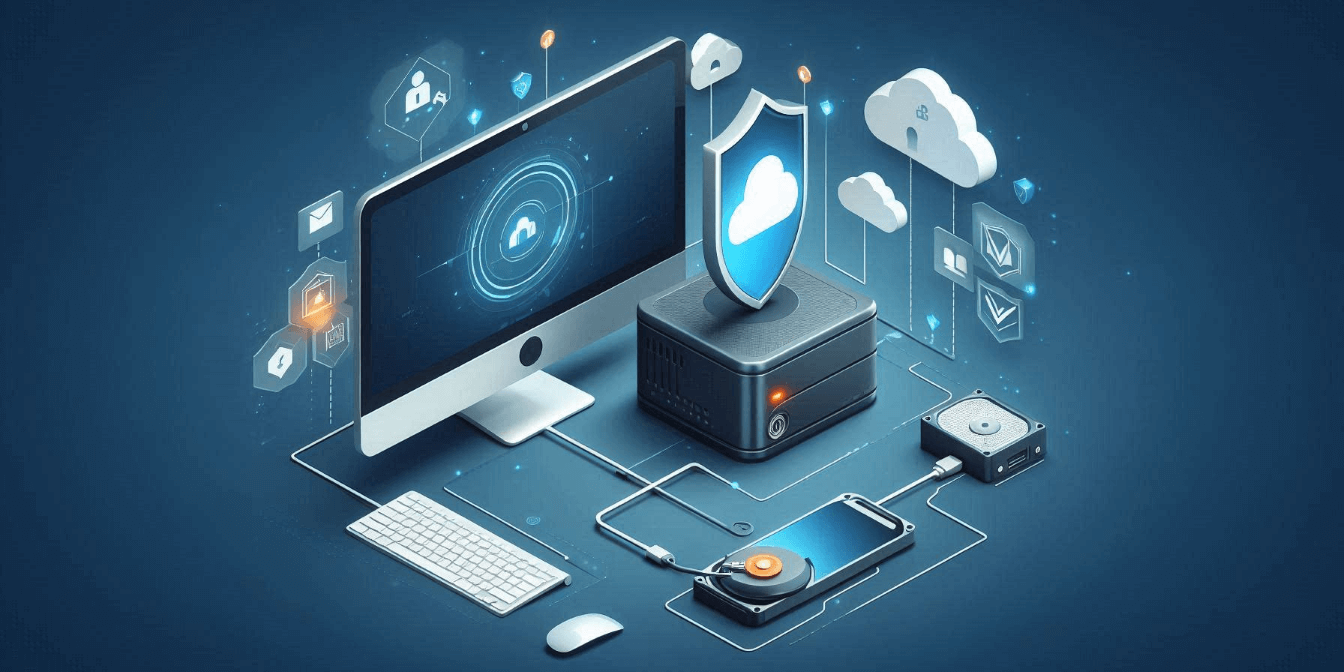 Illustration of a computer setup with cloud computing and data storage elements. A shield icon and various tech symbols represent cybersecurity and digital connectivity. Illustration of a computer setup with cloud computing and data storage elements. A shield icon and various tech symbols represent cybersecurity and digital connectivity.