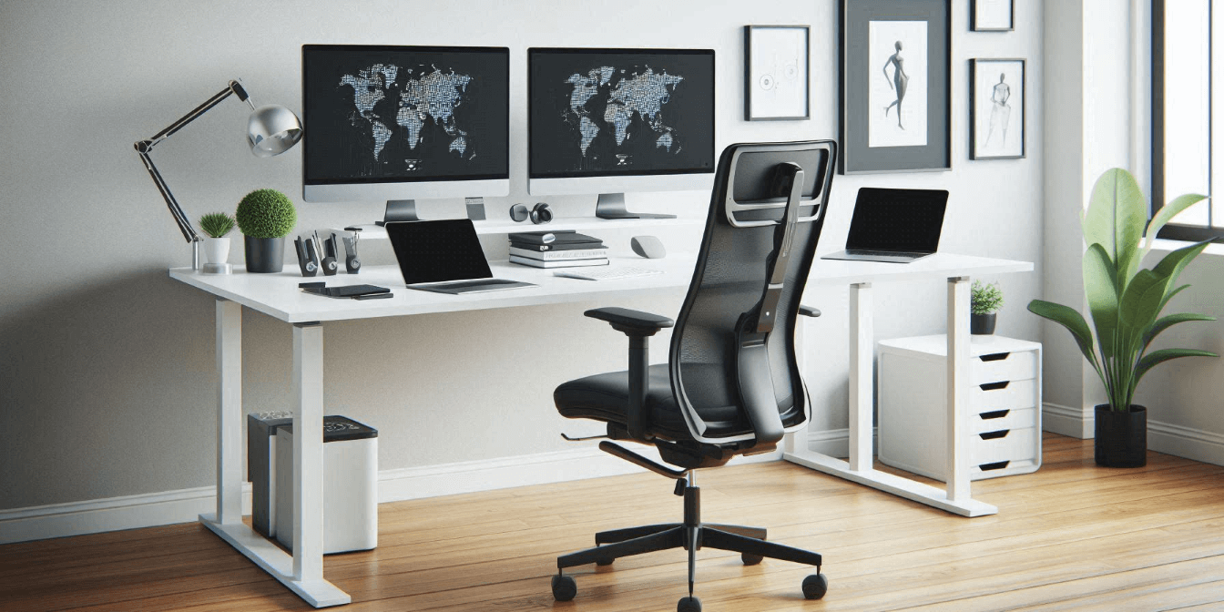 A modern home office setup with two monitors on a white desk, an ergonomic chair, a laptop, and various accessories, including plants and framed art on the wall. A modern home office setup with two monitors on a white desk, an ergonomic chair, a laptop, and various accessories, including plants and framed art on the wall.
