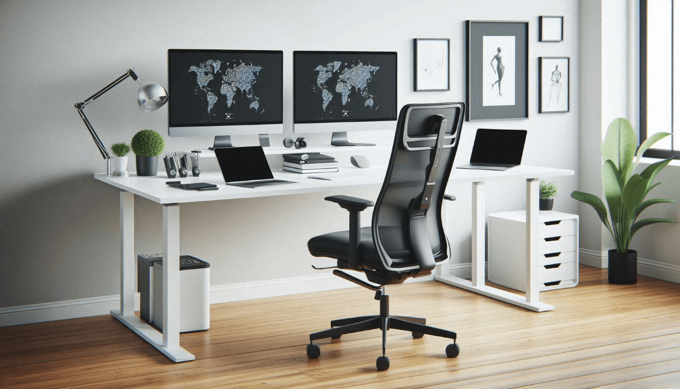 A modern home office setup with two monitors on a white desk, an ergonomic chair, a laptop, and various accessories, including plants and framed art on the wall.