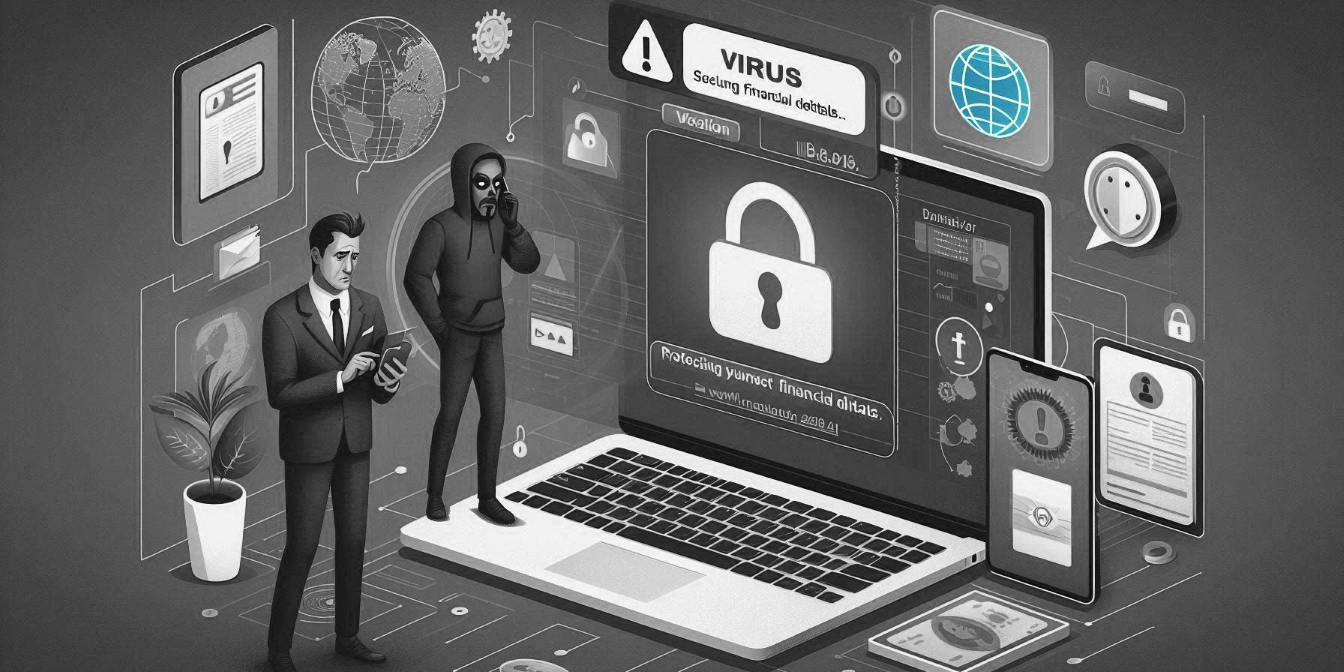 Monochrome illustration showing a businessman and a hacker near a laptop with a virus alert on screen. Various digital security icons and global connectivity symbols surround them. Monochrome illustration showing a businessman and a hacker near a laptop with a virus alert on screen. Various digital security icons and global connectivity symbols surround them.
