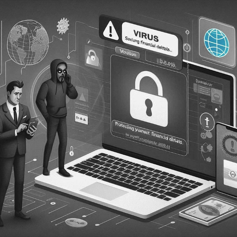 Monochrome illustration showing a businessman and a hacker near a laptop with a virus alert on screen. Various digital security icons and global connectivity symbols surround them. Monochrome illustration showing a businessman and a hacker near a laptop with a virus alert on screen. Various digital security icons and global connectivity symbols surround them.